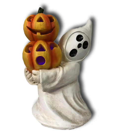 FANTASMA CON CALABAZA DOBLE DE RESINA LED